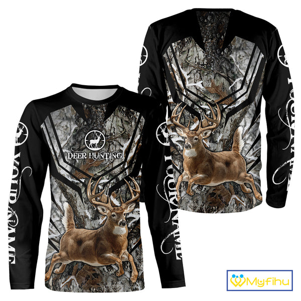 Whitetails Jumping Deer Hunting Camouflage Custom Name Shirts, Best Deer Hunting Camo Winter NHT186