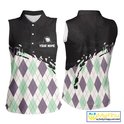Custom Name Argyle Pattern Print Sleeveless Women Polo Shirt – Stylish Animal Print Golf Polo For Womens NHT857