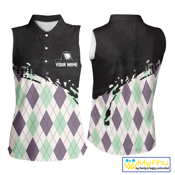 Custom Name Argyle Pattern Print Sleeveless Women Polo Shirt – Stylish Animal Print Golf Polo For Womens NHT857