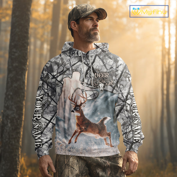 Beautiful Deer Hunting Shirt Camo Gray 3D Full Body Jumping Whitetail Deer Custom Name NHT94