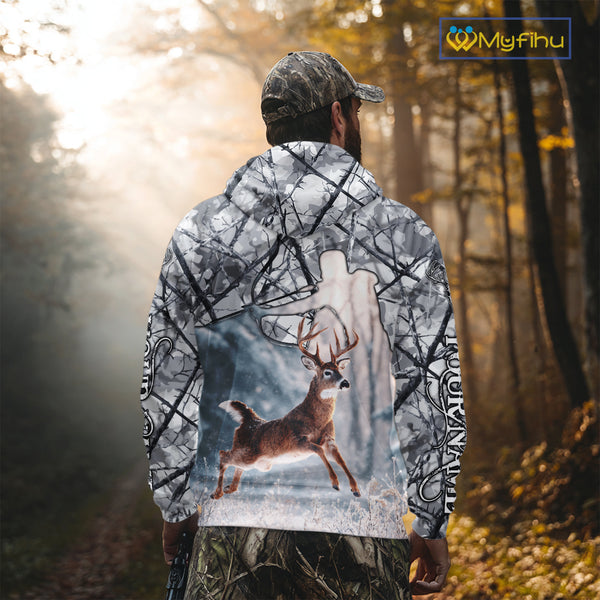 Beautiful Deer Hunting Shirt Camo Gray 3D Full Body Jumping Whitetail Deer Custom Name NHT94