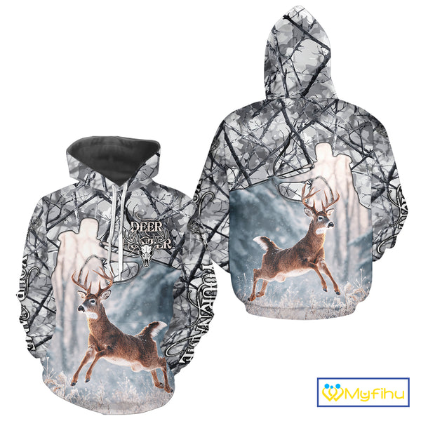 Beautiful Deer Hunting Shirt Camo Gray 3D Full Body Jumping Whitetail Deer Custom Name NHT94