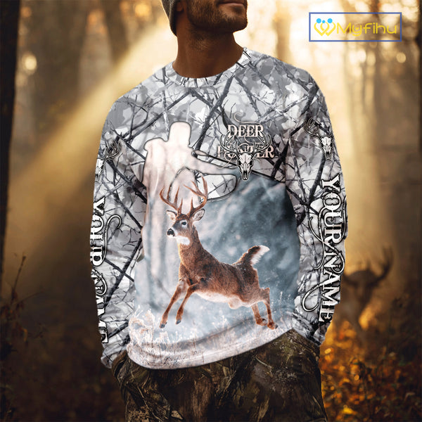 Beautiful Deer Hunting Shirt Camo Gray 3D Full Body Jumping Whitetail Deer Custom Name NHT94