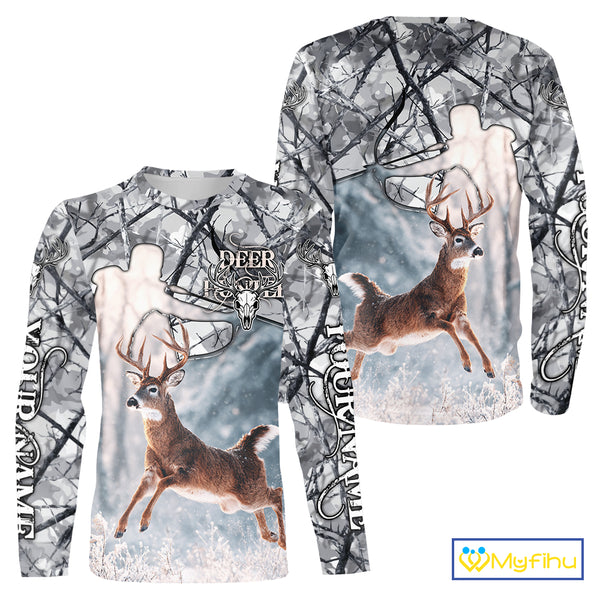 Beautiful Deer Hunting Shirt Camo Gray 3D Full Body Jumping Whitetail Deer Custom Name NHT94