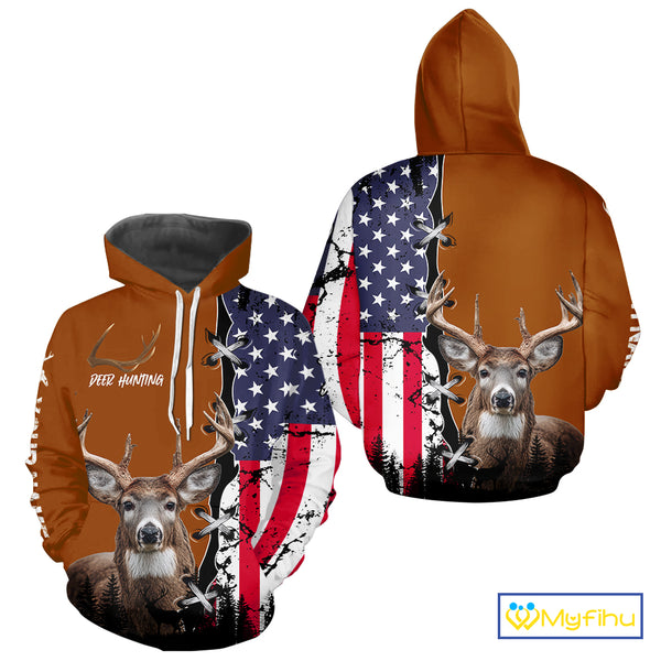 Personalized Orange Deer Hunting 3D Shirt with American Flag Design, Perfect Gift for Hunters NHT280