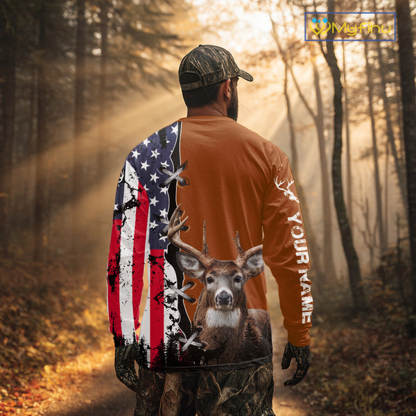 Personalized Orange Deer Hunting 3D Shirt with American Flag Design, Perfect Gift for Hunters NHT280