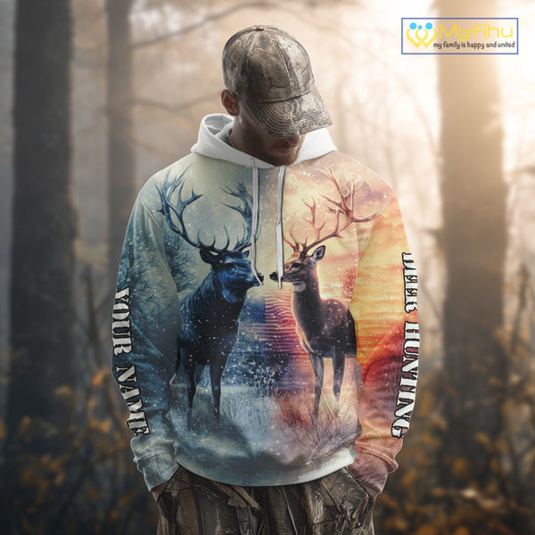 Deer Hunting in snow American flag Long sleeve, Hoodie Shirt NHT02