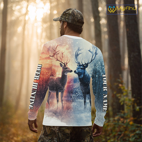 Deer Hunting in snow American flag Long sleeve, Hoodie Shirt NHT02