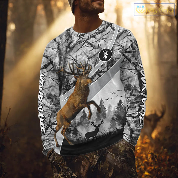 Red Deer Hunting Camo Gray Custom Name 3D All Over Print Shirt, Deer Hunting Shirt NHT211