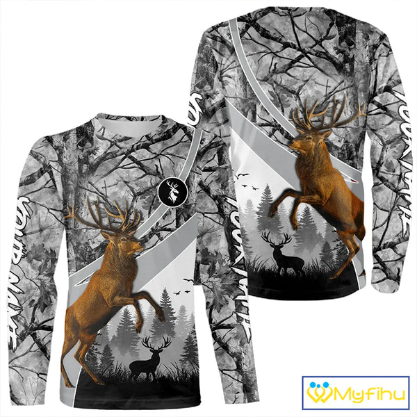 Red Deer Hunting Camo Gray Custom Name 3D All Over Print Shirt, Deer Hunting Shirt NHT211