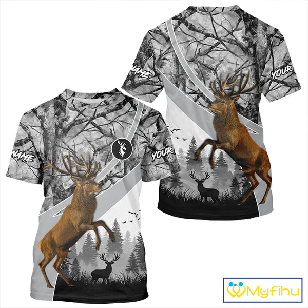 Red Deer Hunting Camo Gray Custom Name 3D All Over Print Shirt, Deer Hunting Shirt NHT211