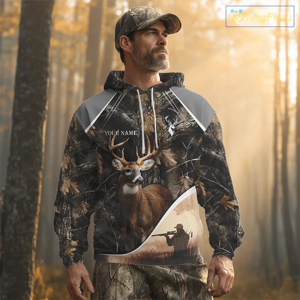 Deer Hunting Shirt 3D Brown Forest Camo Custom Name All Over Print Hunting Clothes NHT218
