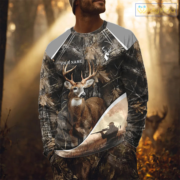 Deer Hunting Shirt 3D Brown Forest Camo Custom Name All Over Print Hunting Clothes NHT218