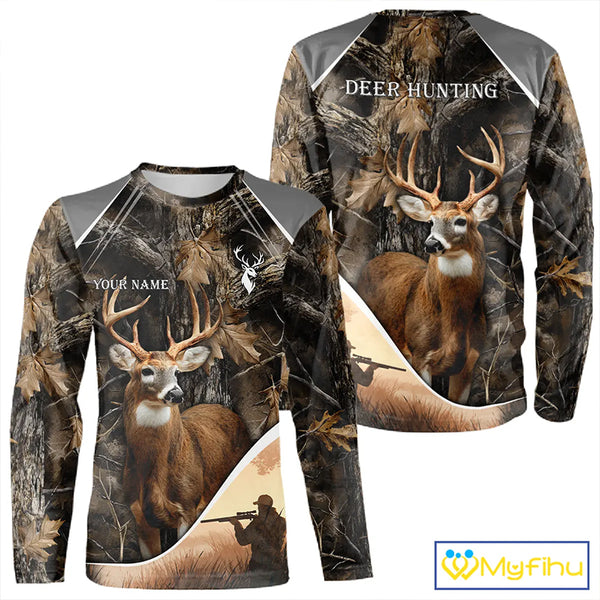 Deer Hunting Shirt 3D Brown Forest Camo Custom Name All Over Print Hunting Clothes NHT218