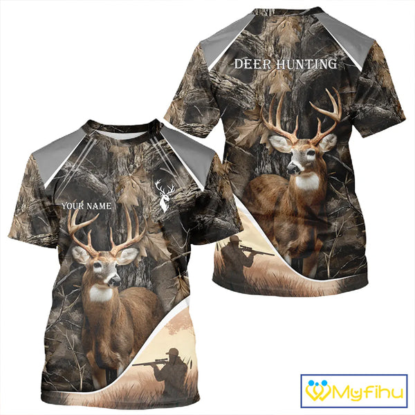 Deer Hunting Shirt 3D Brown Forest Camo Custom Name All Over Print Hunting Clothes NHT218