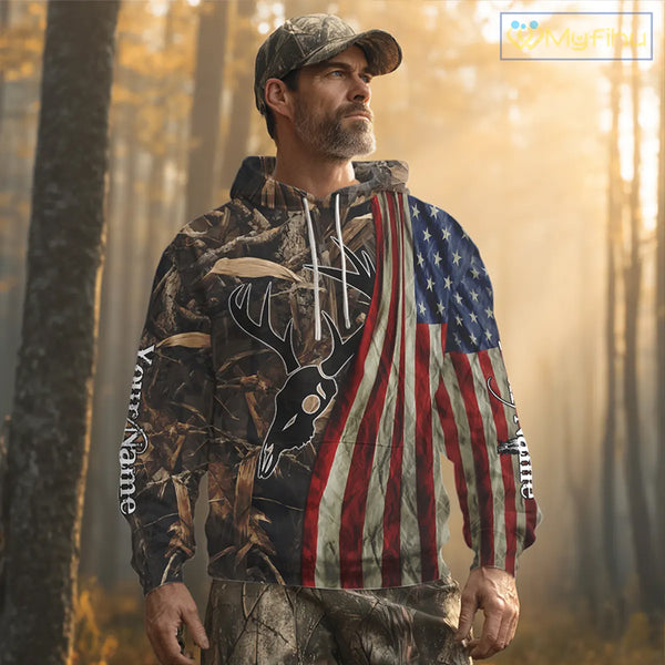 Skull Deer Hunting Shirt-Personalized US Flag Camouflage, Best Hunting Hoodie For Hunter NHT364