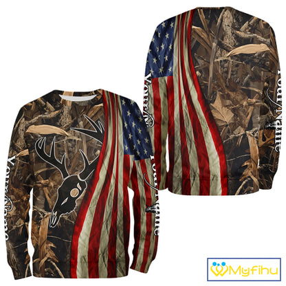 Skull Deer Hunting Shirt-Personalized US Flag Camouflage, Best Hunting Hoodie For Hunter NHT364