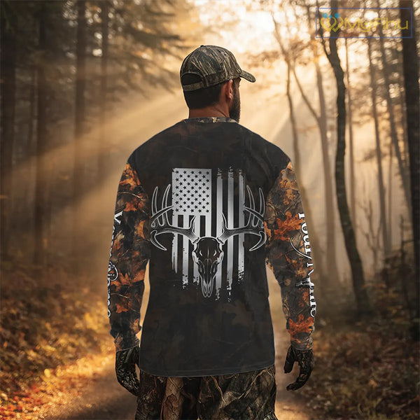 Hunting Shirt with Running Deer Design US Flag - Orange Camo Custom Name 3D Print NHT329