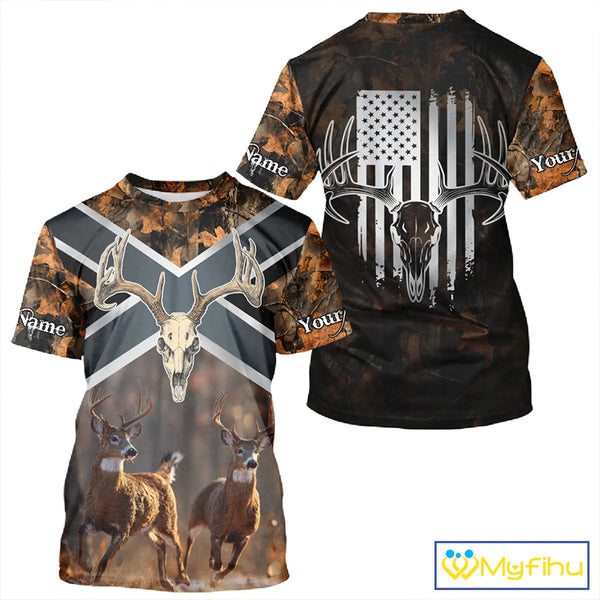 Hunting Shirt with Running Deer Design US Flag - Orange Camo Custom Name 3D Print NHT329