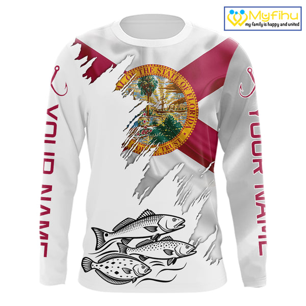 Personalized Inshore Slam Snook, Redfish,Trout Florida Flag Fishing Shirts Long Sleeve For Men NHT848