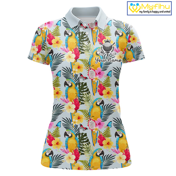 Funny Tropical Parrot Womens Golf Polo Shirt – Custom Name Shirt For Womens, Summer Beach Vacation Outfit NHT858