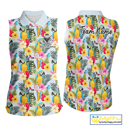 Funny Tropical Parrot Sleeveless Women Golf Polo Shirt – Custom Name Shirt For Womens, Summer Beach Vacation Outfit NHT858