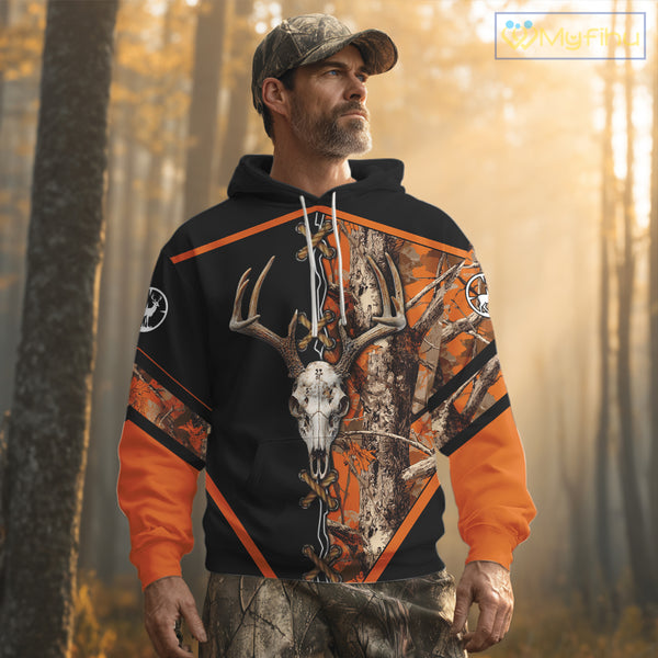 Personalized Orange Camo Black Skull Deer Hunting 3D Shirts, Perfect Gift for Hunters NHT281