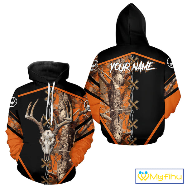 Personalized Orange Camo Black Skull Deer Hunting 3D Shirts, Perfect Gift for Hunters NHT281