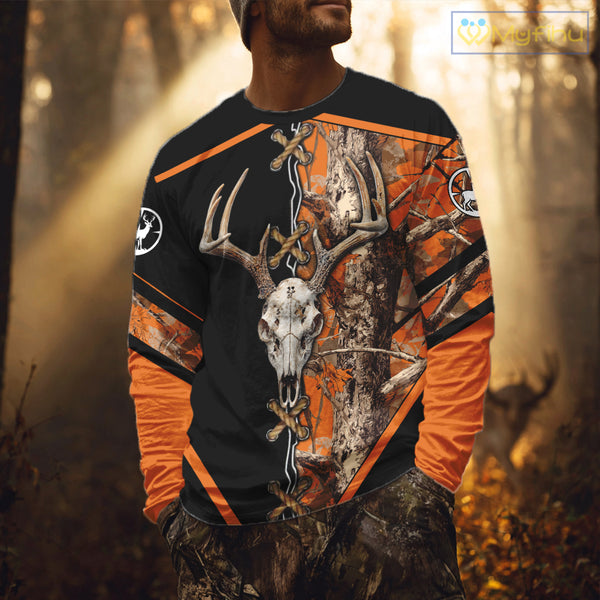 Personalized Orange Camo Black Skull Deer Hunting 3D Shirts, Perfect Gift for Hunters NHT281