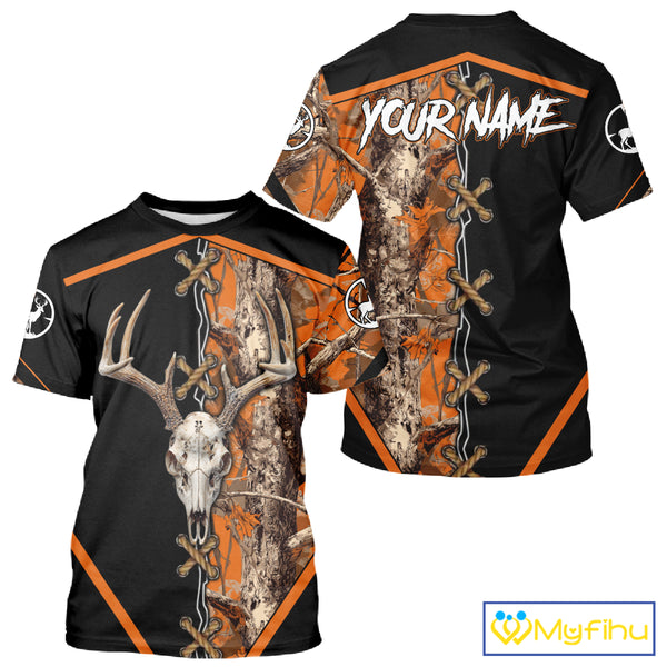 Personalized Orange Camo Black Skull Deer Hunting 3D Shirts, Perfect Gift for Hunters NHT281