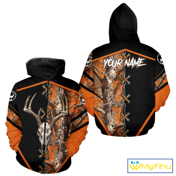 Personalized Orange Camo Black Skull Deer Hunting 3D Shirts, Perfect Gift for Hunters NHT281
