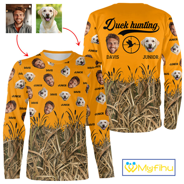 Custom Duck Hunting Shirt – Hunter & Dog Face and Name, Funny Personalized Gift NHT291