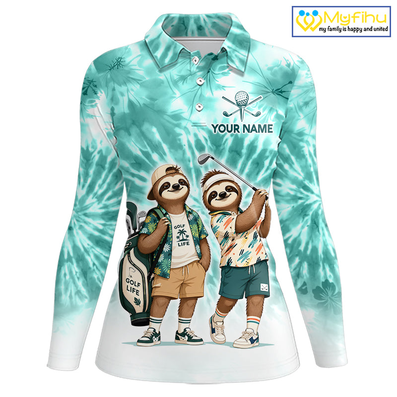 Funny Sloth Golf Polo Shirt For Womens – Blue Tie Dye Custom Name Golf ...