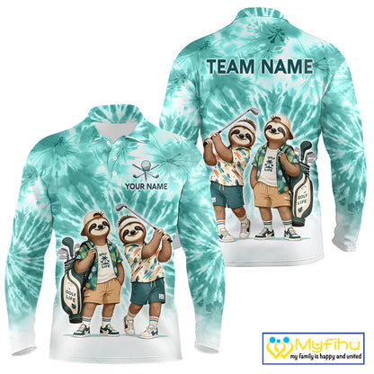 Funny Sloth Golf Polo Shirt For Men –  Blue Tie Dye Custom Name Golf Shirt, Golf Gift NHT880