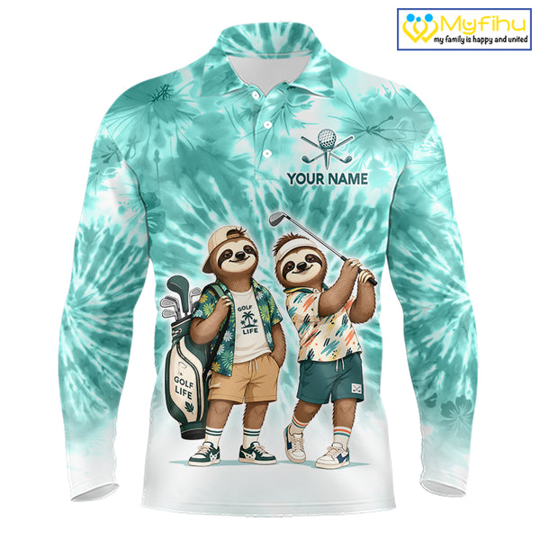 Funny Sloth Golf Polo Shirt For Men –  Blue Tie Dye Custom Name Golf Shirt, Golf Gift NHT880