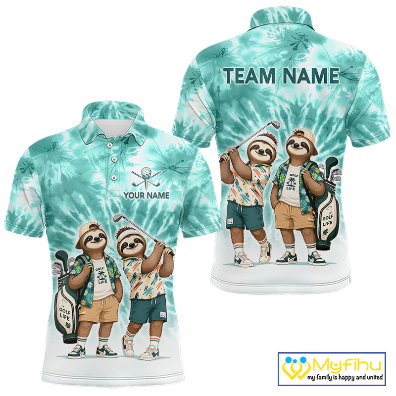 Funny Sloth Golf Polo Shirt For Men –  Blue Tie Dye Custom Name Golf Shirt, Golf Gift NHT880