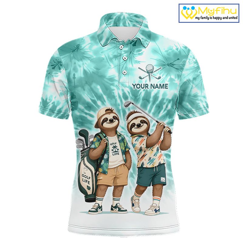 Funny Sloth Golf Polo Shirt For Men – Blue Tie Dye Custom Name Golf Sh ...
