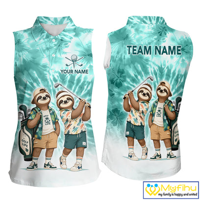Funny Sloth Sleeveless Womens Golf Polo Shirt  –  Blue Tie Dye Custom Name Golf Shirt, Golf Gift NHT880