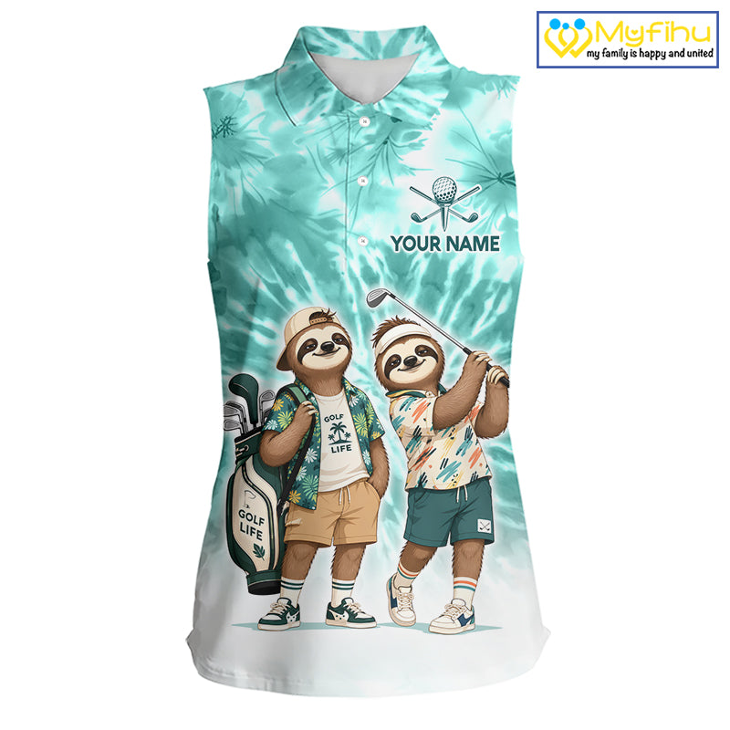 Funny Sloth Sleeveless Womens Golf Polo Shirt  –  Blue Tie Dye Custom Name Golf Shirt, Golf Gift NHT880