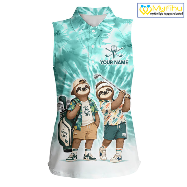 Funny Sloth Sleeveless Womens Golf Polo Shirt  –  Blue Tie Dye Custom Name Golf Shirt, Golf Gift NHT880