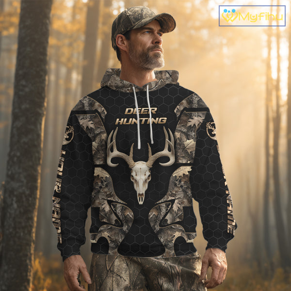 Skull Deer Hunting Custom Name Brown Camo Shirt, Hunting Hoodie For Hunters NHT348