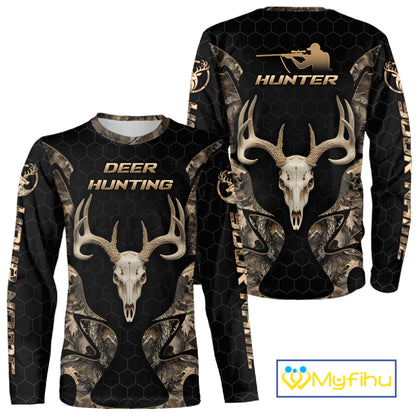 Skull Deer Hunting Custom Name Brown Camo Shirt, Hunting Hoodie For Hunters NHT348