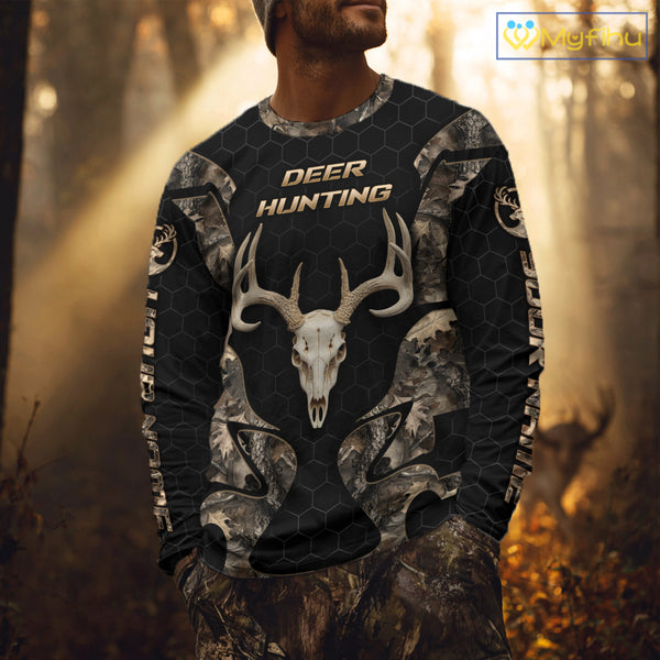 Skull Deer Hunting Custom Name Brown Camo Shirt, Hunting Hoodie For Hunters NHT348