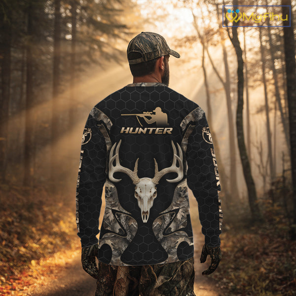 Skull Deer Hunting Custom Name Brown Camo Shirt, Hunting Hoodie For Hunters NHT348