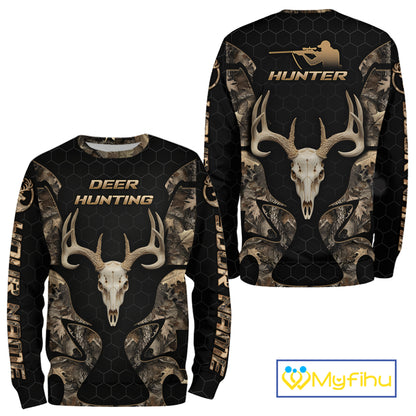 Skull Deer Hunting Custom Name Brown Camo Shirt, Hunting Hoodie For Hunters NHT348