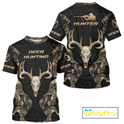 Skull Deer Hunting Custom Name Brown Camo Shirt, Hunting Hoodie For Hunters NHT348