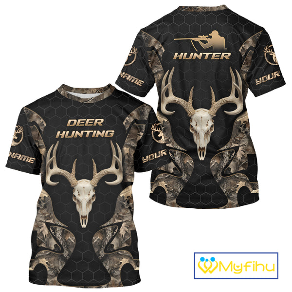 Skull Deer Hunting Custom Name Brown Camo Shirt, Hunting Hoodie For Hunters NHT348