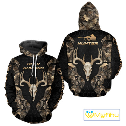 Skull Deer Hunting Custom Name Brown Camo Shirt, Hunting Hoodie For Hunters NHT348