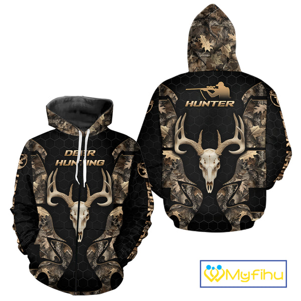 Skull Deer Hunting Custom Name Brown Camo Shirt, Hunting Hoodie For Hunters NHT348