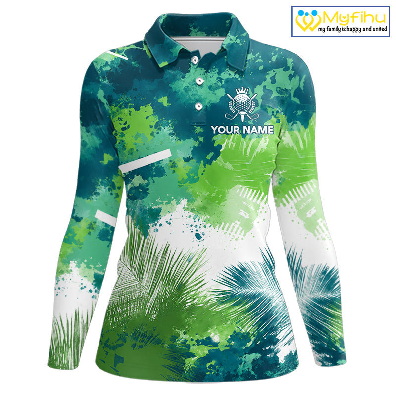 Green Tropical Splash Custom Womens Golf Polo Shirt – Personalized Team Name Performance Polo Tee For Womens NHT894
